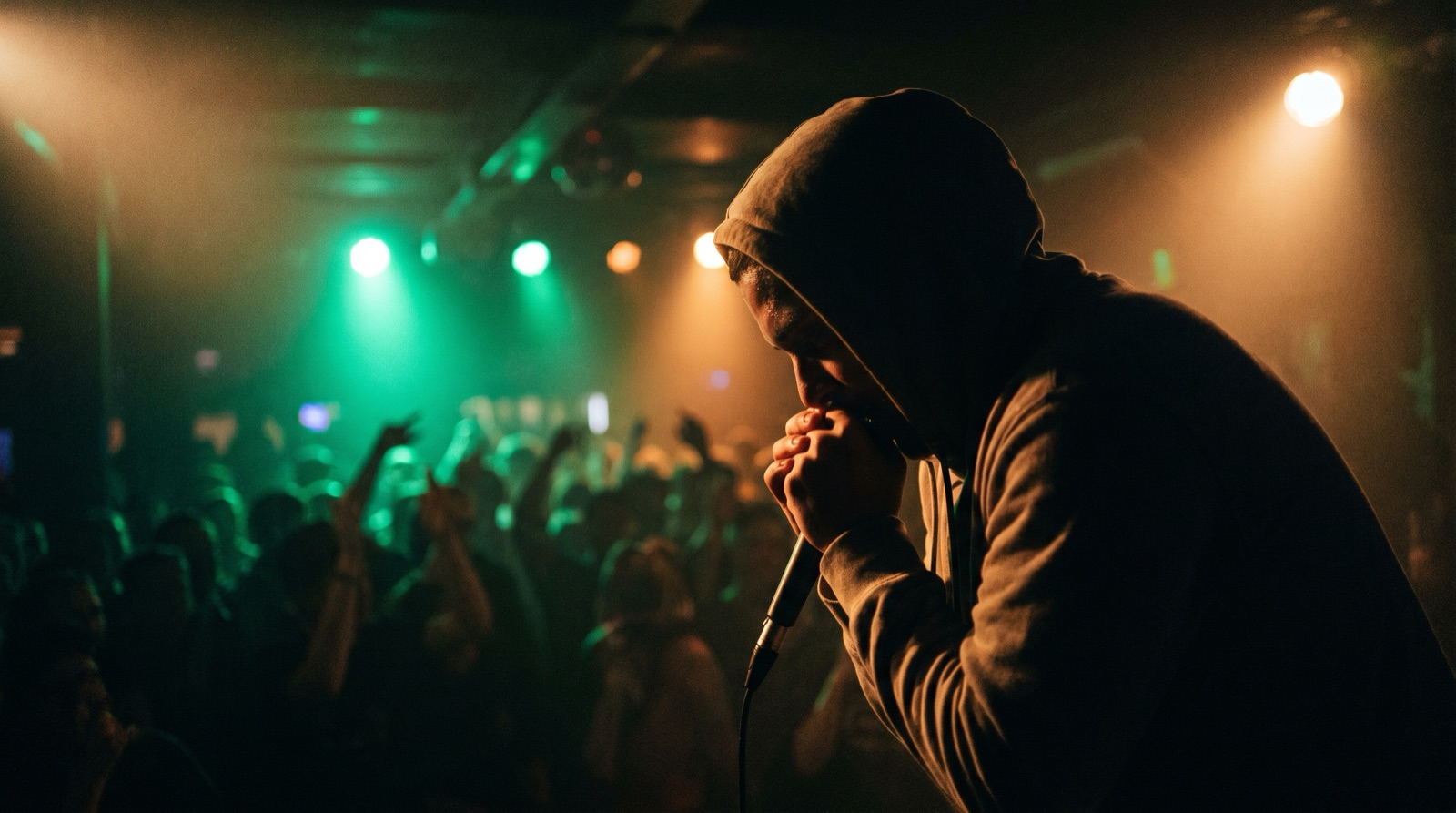 Un Beatboxer actuando en el escenario oscuro de un club bajo un foco, con luces verdes y el público detrás