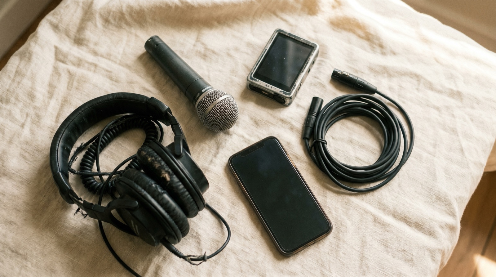 Vista cenital del kit de un Beatboxer — micrófono, auriculares, una interfaz de audio, un móvil y un cable enrollado sobre lino color crema