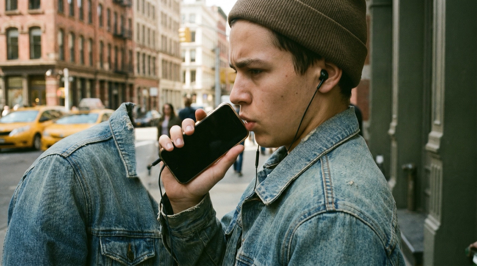Un Beatboxer joven con gorro en una calle de la ciudad, con auriculares puestos, sujetando el móvil contra la boca para grabar